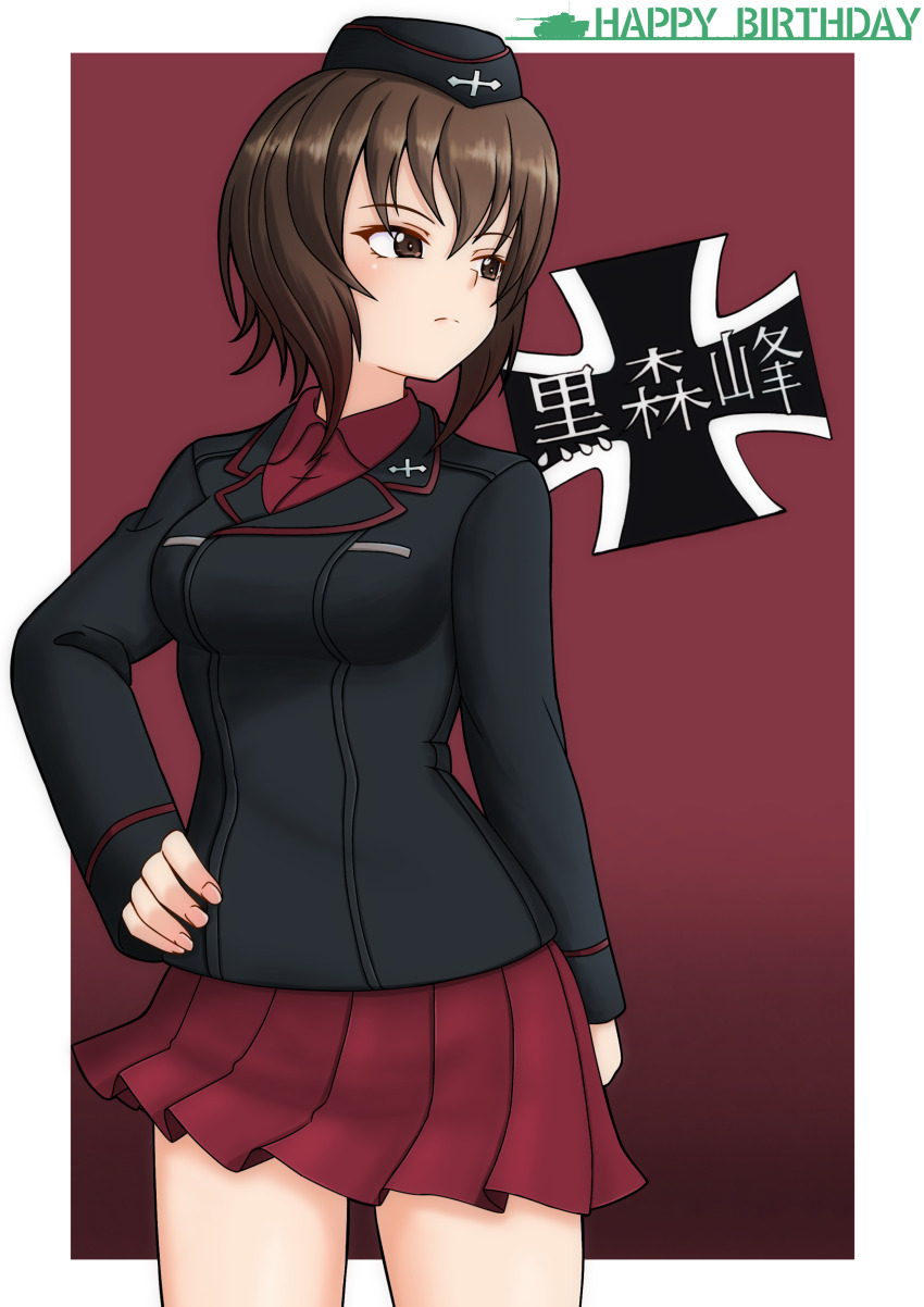 1girl absurdres amanone_yun black_hat black_jacket breasts brown_eyes brown_hair cowboy_shot cross emblem garrison_cap girls_und_panzer hand_on_own_hip happy_birthday hat highres iron_cross jacket kuromorimine_(emblem) kuromorimine_military_uniform large_breasts looking_to_the_side military military_hat military_uniform miniskirt nishizumi_maho pleated_skirt red_shirt red_skirt shirt short_hair skirt solo solo_focus standing two-tone_background