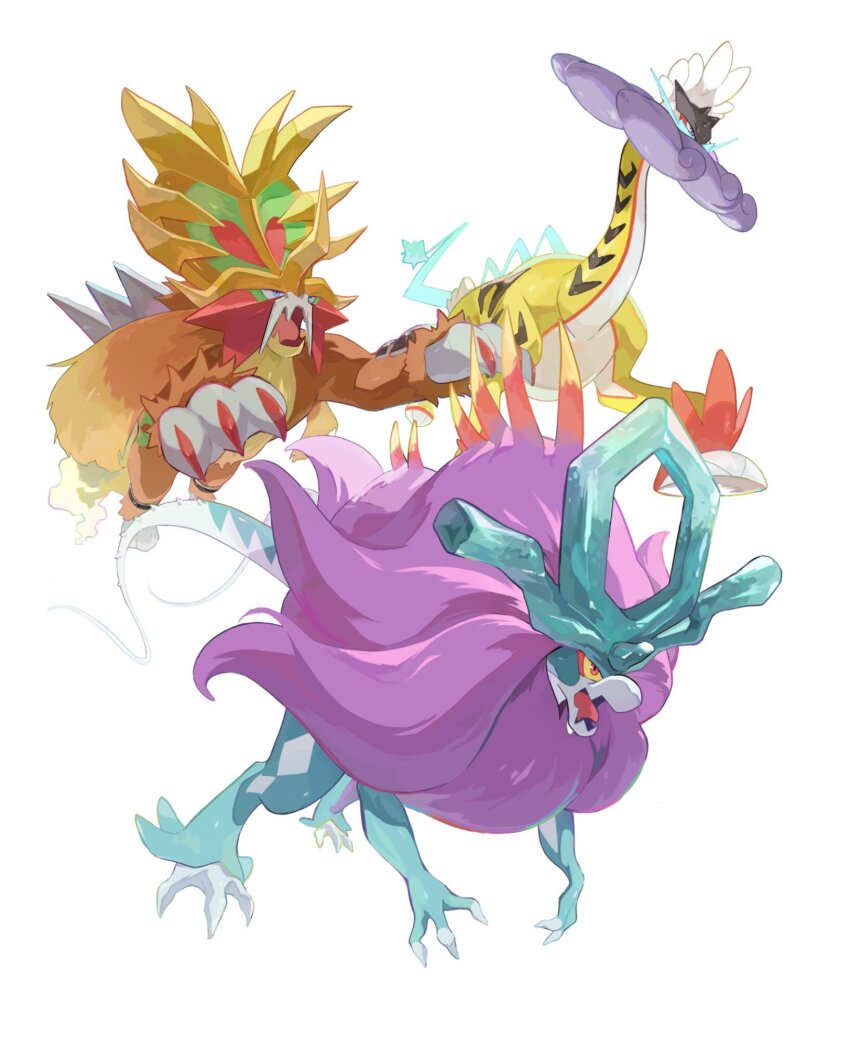 blue_fur body_fur brown_fur colored_sclera fangs gouging_fire highres long_hair long_neck nintendo no_humans open_mouth pokemon pokemon_(creature) purple_hair raging_bolt samugohan3658 simple_background walking_wake waves white_background yellow_fur yellow_sclera