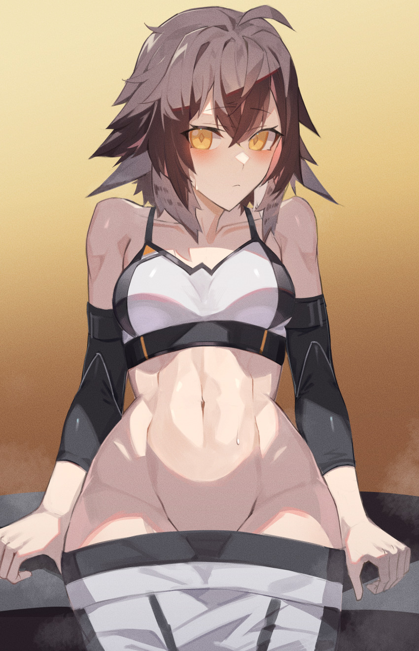 1girl abs absurdres ahoge arknights arm_warmers bare_hips bench bird_girl black_arm_warmers black_bra black_leggings black_shorts black_sports_bra blush bra breasts brown_hair cleavage closed_mouth clothes_pull collarbone commission commissioner_upload compression_sleeve feather_hair groin hair_between_eyes highres leggings leggings_under_shorts looking_at_viewer medium_breasts medium_hair midriff multicolored_hair multicolored_sports_bra navel no_panties on_bench plume_(arknights) plume_(easy_time)_(arknights) sasa_onigiri shorts shorts_pull sidelocks simple_background sitting skeb_commission solo sports_bra sportswear sweat sweatdrop teasing toned two-tone_hair two-tone_shorts two-tone_sports_bra underwear white_bra white_hair white_shorts white_sports_bra workout_clothes yellow_eyes