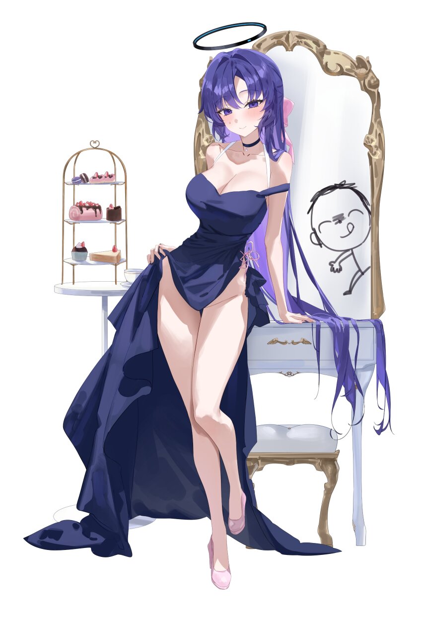 1boy 1girl absurdres alternate_costume bare_legs bare_shoulders black_choker blue_archive blush breasts cake cake_stand choker cleavage cocktail_dress commentary_request cup doodle_sensei_(blue_archive) dress food halo hido88 high_heels highres large_breasts legs long_hair mechanical_halo mirror pink_shoes purple_dress purple_eyes purple_hair reflection sensei_(blue_archive) shoes simple_background white_background yuuka_(blue_archive)