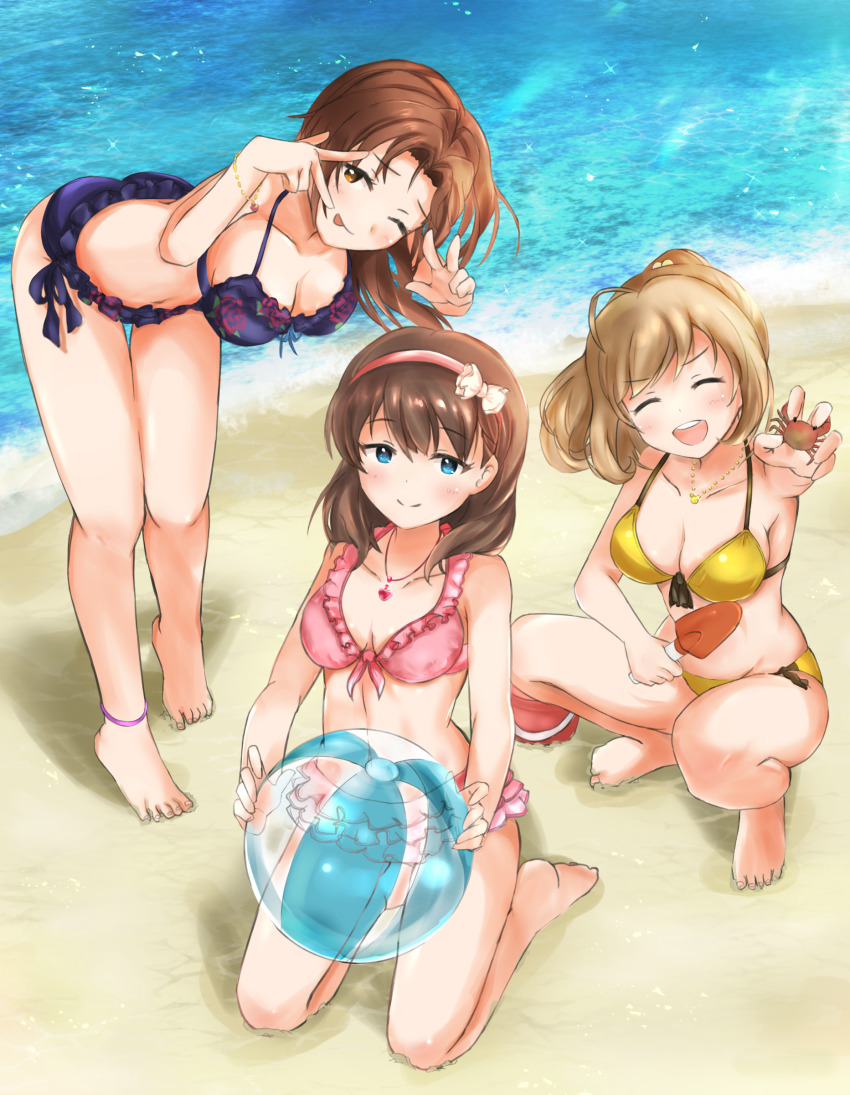 3girls ;p absurdres ball beachball blue_eyes breasts brown_hair bucket crab highres idolmaster idolmaster_cinderella_girls kawashima_mizuki kneeling multiple_girls navel ocean okame._(okame124) one_eye_closed open_mouth ponytail sakuma_mayu sand sato_shin smile swimsuit tongue tongue_out v