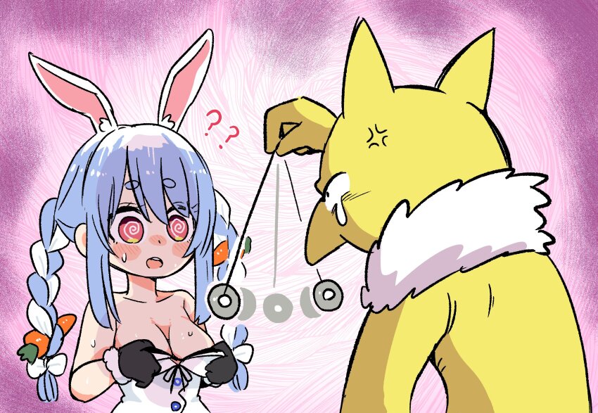 1girl @_@ anger_vein animal_ear_fluff animal_ears black_gloves blue_hair braid breasts carrot_hair_ornament coin coin_on_string colored_skin food-themed_hair_ornament fushicho gen_1_pokemon gloves hair_ornament highres holding holding_pendulum holding_string holed_coin hololive hypno hypnosis long_hair mind_control multicolored_hair nintendo open_mouth pendulum pokemon pokemon_(creature) pulling_own_clothes rabbit_ears rabbit_girl string sweat tears thick_eyebrows twin_braids twintails two-tone_hair usada_pekora usada_pekora_(1st_costume) virtual_youtuber white_hair yellow_skin