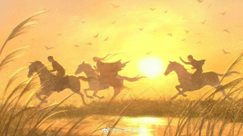3boys absurdres bird brothers childe_yue_chi didier_bollinger fata_morgana_no_yakata georges_bollinger highres horse horseback_riding long_hair making-of_available michel_bollinger multiple_boys riding siblings sunset watercolor_effect watermark weibo_watermark yellow_theme