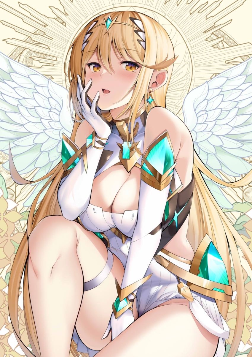 1girl blonde_hair breasts cleavage daive highres legs looking_at_viewer mythra_(xenoblade) sitting solo thighs white_wings wings xenoblade_chronicles_(series) xenoblade_chronicles_2 yellow_eyes