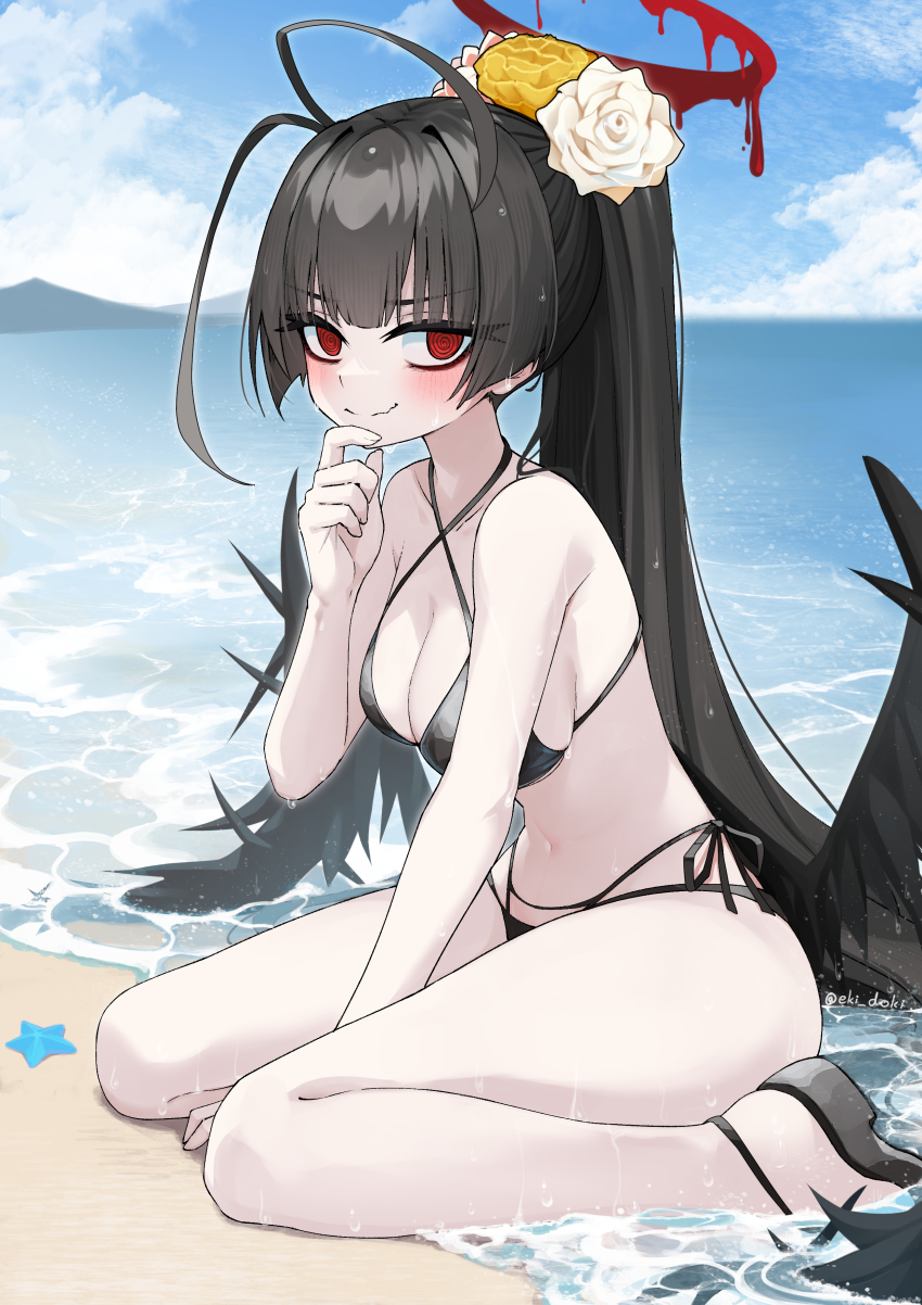 1girl @_@ absurdres bags_under_eyes beach bikini black_bikini black_wings blood blood_halo blue_archive blue_sky breasts cleavage cloud criss-cross_halter day eki_doki halo halterneck highres large_breasts liquid_halo long_hair low_wings navel ocean outdoors red_eyes red_halo sitting sky solo swimsuit tsurugi_(blue_archive) tsurugi_(swimsuit)_(blue_archive) wariza water wet wings