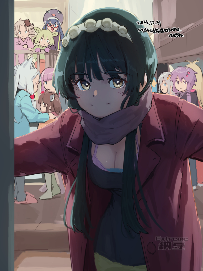 6+girls alternate_costume black_shirt bra bra_peek breasts casual cleavage coat commentary_request extreme_nattou green_hair green_hairband hairband happy highres kizuna_akari kotonoha_aoi large_breasts long_hair long_sleeves looking_at_viewer multiple_girls opening_door pajamas red_coat scarf shikoku_metan shirt smile solo_focus touhoku_itako touhoku_kiritan touhoku_zunko tsuina-chan tsurumaki_maki underwear vocaloid voiceroid yellow_eyes yuzuki_yukari