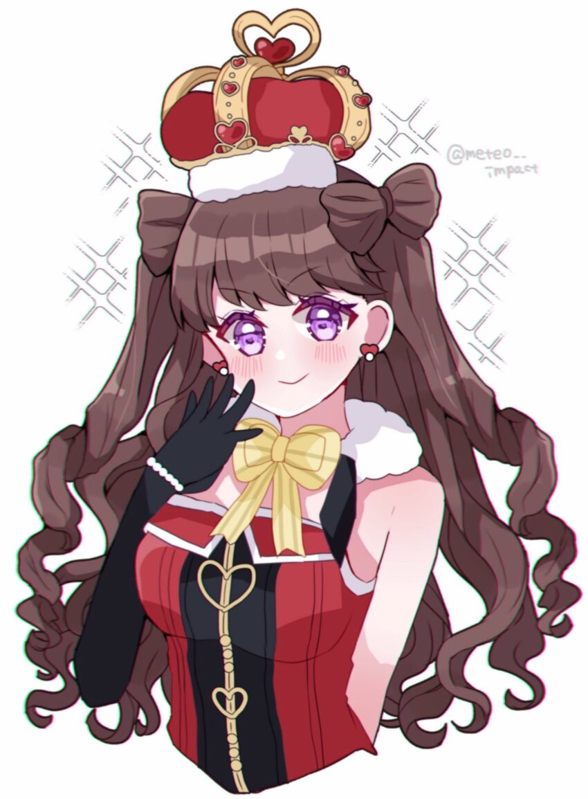 &gt;:) 1girl ametan_(meteo_impact) arched_crown bare_shoulders black_gloves blush bow bow-shaped_hair bowtie breasts brown_hair closed_mouth commentary cropped_torso crown dress drill_hair elbow_gloves fujishima_megumi gloves highres large_breasts link!_like!_love_live! long_hair looking_at_viewer love_live! official_alternate_costume pinstripe_bow pinstripe_bowtie purple_eyes red_crown red_dress single_elbow_glove single_glove sleeveless sleeveless_dress smile solo sparkle twin_drills twitter_username two_side_up v-shaped_eyebrows virtual_youtuber white_background yellow_bow yellow_bowtie zenhoi_kyun