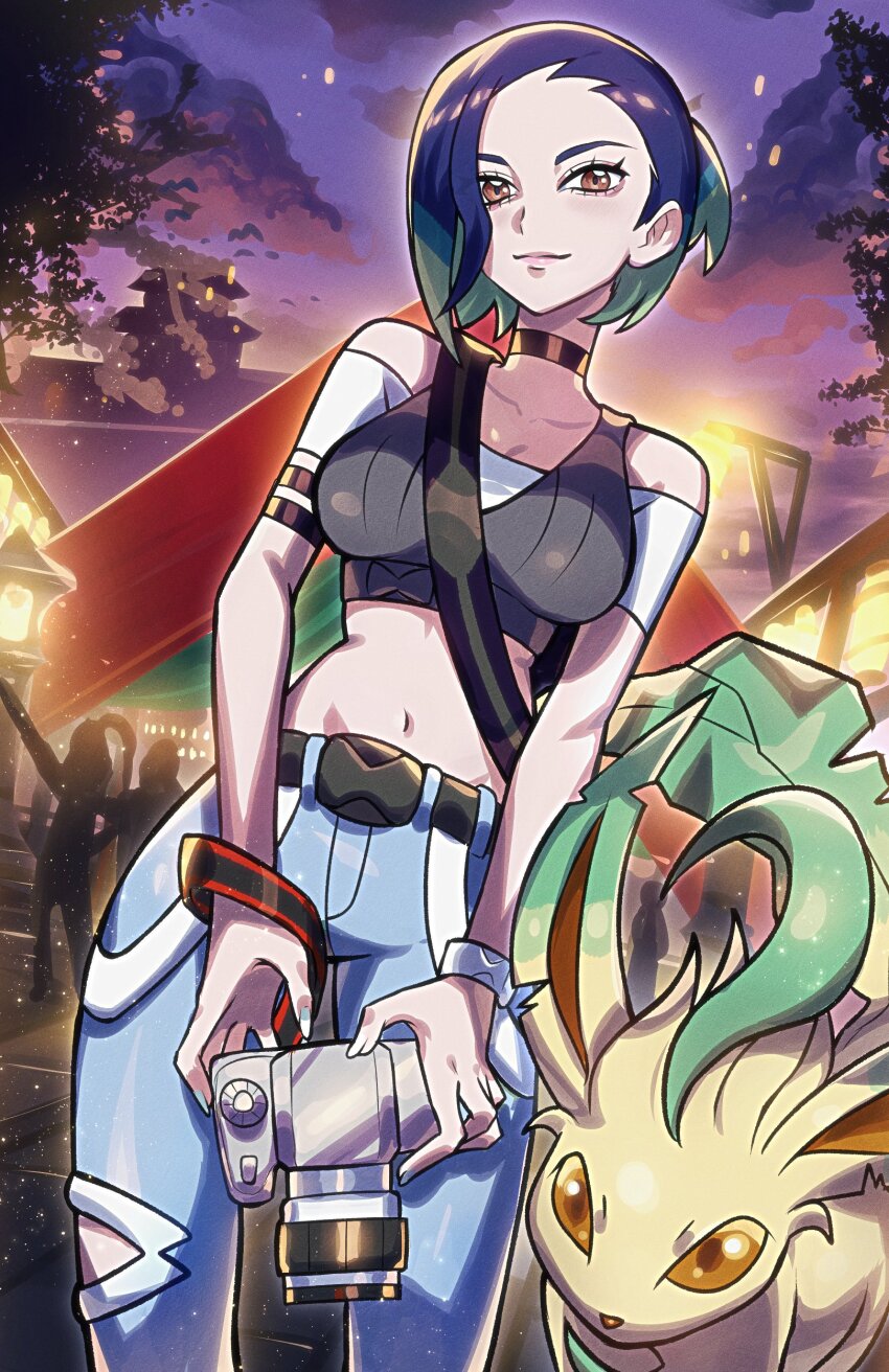 1girl absurdres armband bare_shoulders black_armband black_choker blue_hair bob_cut brown_eyes camera choker collarbone crop_top denim eyeliner gen_4_pokemon gradient_hair grey_shirt highres holding holding_camera jeans leafeon loose_hair_strand makeup midriff multicolored_hair nintendo off-shoulder_shirt off_shoulder pants perrin_(pokemon) pink_eyeliner pokemon pokemon_(creature) pokemon_sv ribbed_shirt ryairyai shirt short_hair sleeveless sleeveless_shirt undershirt v-neck watch wristwatch