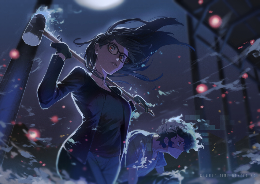 1boy 1girl absurdres black_hair black_shirt blouse brother_and_sister character_request ghost glasses hammer highres holding holding_hammer long_hair minakata_hizuru minakata_ryuunosuke shirt siblings summertime_render twins welve
