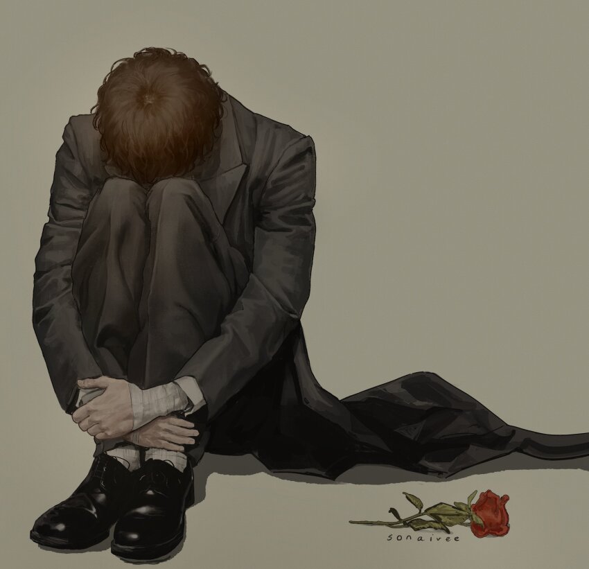 1boy bandaged_arm bandages black_coat black_pantyhose black_shoes brown_hair bungou_stray_dogs coat curled_up dazai_osamu_(bungou_stray_dogs) flower formal_clothes head_down highres hugging_own_legs male_focus on_ground pantyhose red_flower red_rose rose shoes sitting solo sonaireeart suit