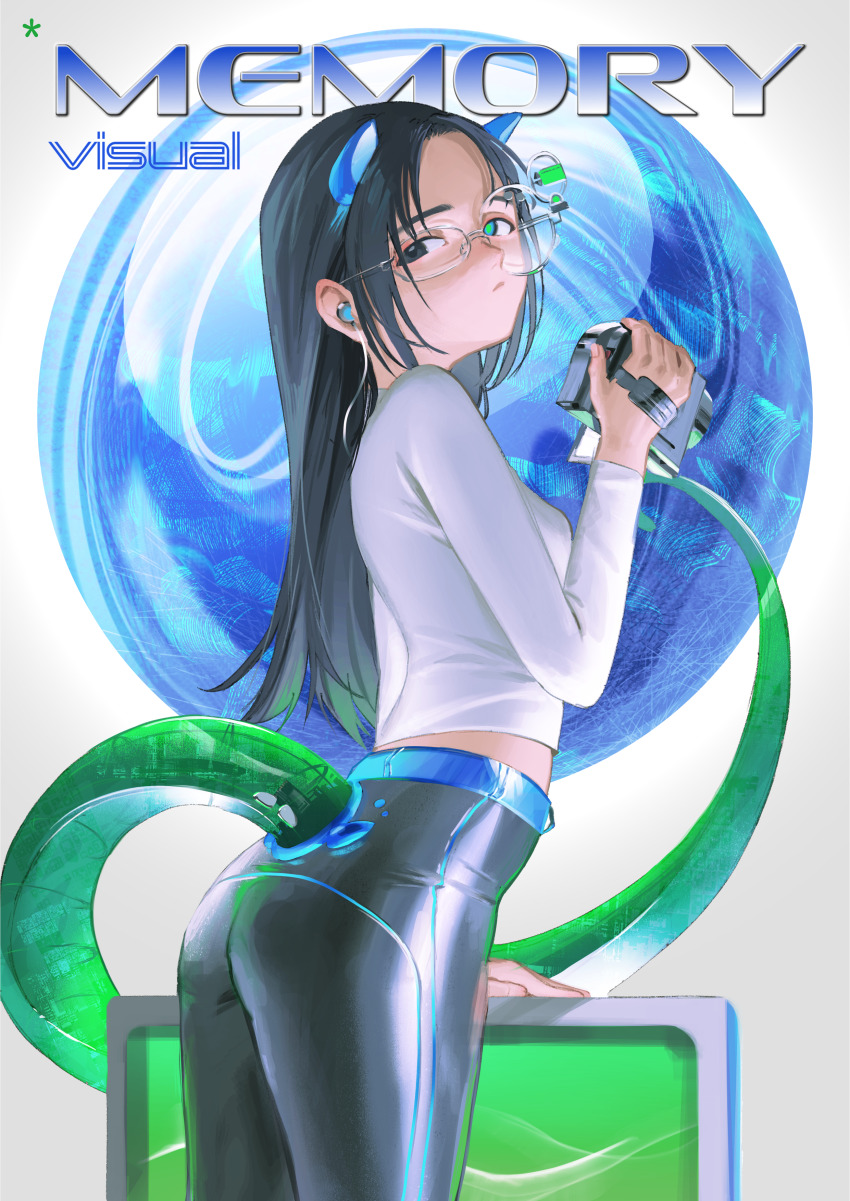 1girl absurdres black_eyes black_hair blue_eyes breasts camera commentary_request glasses heterochromia highres holding holding_camera kanikumi_toi long_hair looking_at_viewer looking_back original pants small_breasts solo tail