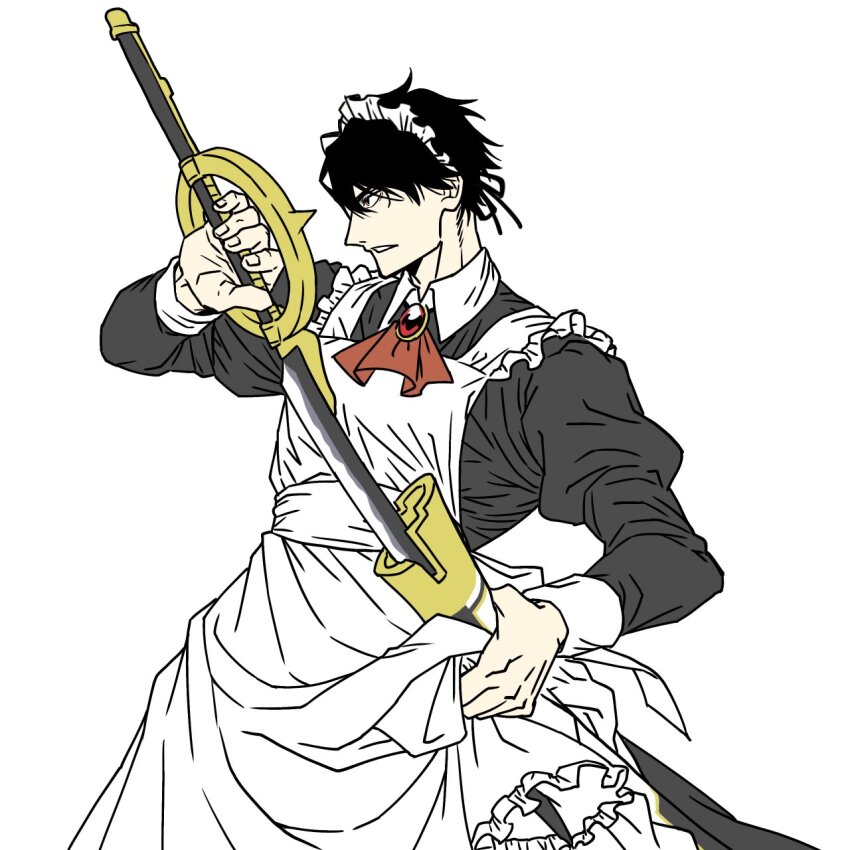 1boy alternate_costume apron ascot black_dress black_hair brooch crossdressing dress enmaided fate/samurai_remnant fate_(series) frilled_apron frills highres holding holding_sheath holding_sword holding_weapon jewelry katana maid maid_apron male_focus male_maid red_ascot red_eyes rogue_saber_(fate/samurai_remnant) sheath short_hair simple_background solo spoilers sword tontinkan800 unsheathing weapon white_apron white_background
