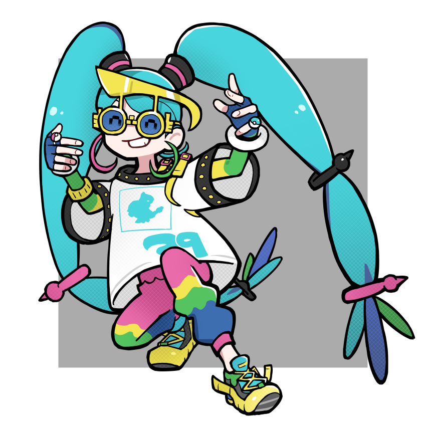 1girl absurdres aqua_hair blue-tinted_eyewear blue_gloves bracelet chatot closed_eyes fingerless_gloves full_body gen_4_pokemon gloves hatsune_miku highres jewelry long_hair multicolored_pants nintendo normal_miku_(project_voltage) pants poke_ball_theme pokemon project_voltage rennkurusu shirt shoes simple_background smile solo t-shirt teeth tinted_eyewear twintails very_long_hair vocaloid white_shirt yellow-framed_eyewear