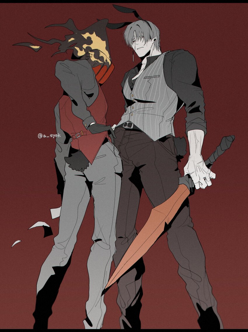 1boy 1other absurdres animal_ears black_fire brown_pants clock dante_(limbus_company) fake_animal_ears fire grey_hair grey_shirt highres holding holding_weapon limbus_company long_sleeves object_head pants project_moon rabbit_ears rabbit_tail red_background shirt tail vergilius_(project_moon) weapon ya!_(a_syok)