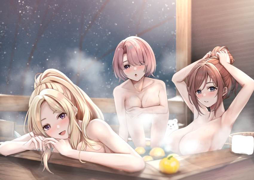 3girls absurdres arimura_mao arm_rest armpits bath bathing blonde_hair blush breasts brown_hair bucket collarbone completely_nude convenient_censoring covering_breasts covering_privates food fruit fruit_on_liquid gakuen_idolmaster head_rest highres himesaki_rinami idolmaster juo_sena large_breasts looking_at_viewer multiple_girls nude ofuro pink_hair same-sex_bathing shared_bathing smile snowing steam steam_censor wooden_bucket yuzu_(fruit) yuzuyu_(hyui)