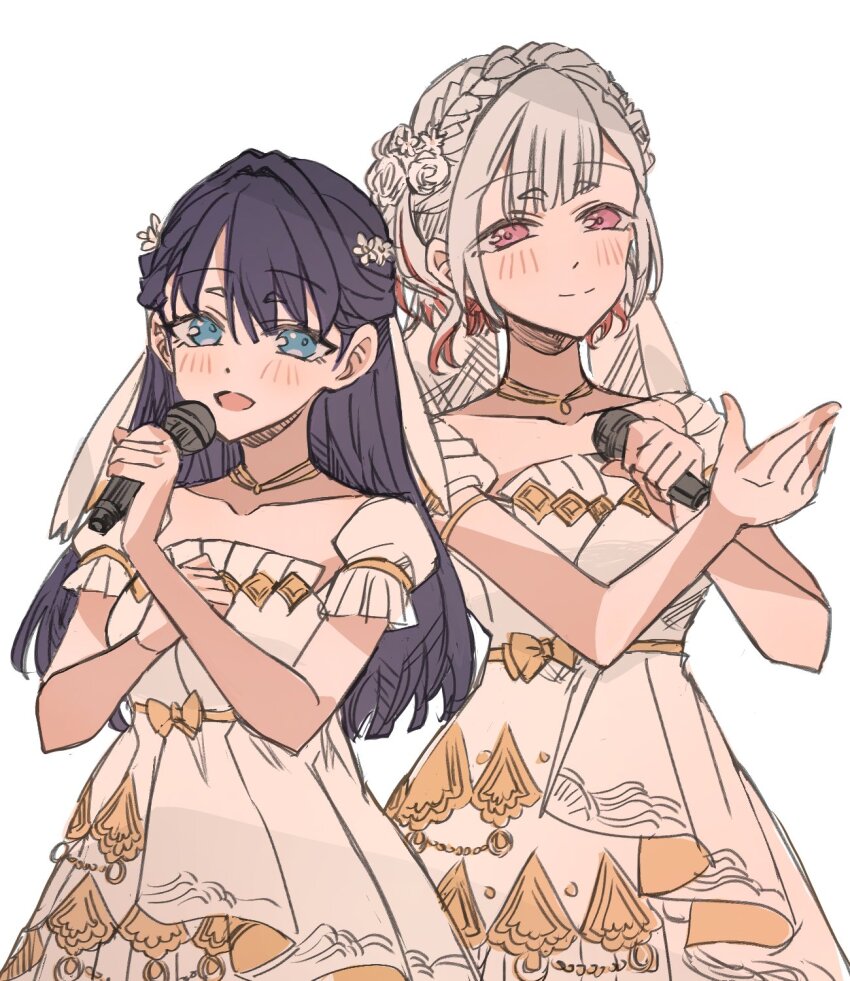 2girls :d blue_eyes blue_hair center-flap_bangs closed_mouth collarbone commentary cowboy_shot diagonal_bangs dollchestra dress flower flower-shaped_hair grey_hair hair_flower hair_intakes hair_ornament half_updo highres itsudemo_itsumademo_(love_live!) junjun_(kimi-la) link!_like!_love_live! long_hair love_live! multiple_girls murano_sayaka open_mouth red_hair short_hair short_sleeves simple_background single_sidelock smile split_mouth virtual_youtuber white_background white_dress white_flower yugiri_tsuzuri
