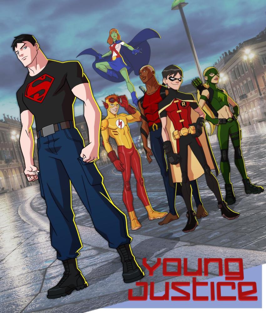 2girls 4boys alien aqualad arrow_(projectile) artemis_crock barefoot belt black_footwear black_gloves black_hair blonde_hair blue_eyes blue_skirt bodysuit boots cape colored_skin dark-skinned_male dark_skin dc_comics dick_grayson domino_mask floating gloves goggles green_skin highres jerome-k-moore kid_flash knee_pads kon-el mask md5_mismatch midriff miss_martian multiple_boys multiple_girls pants ponytail red_goggles red_hair resolution_mismatch robin_(dc) skirt smile smirk source_larger superboy superhero_costume wally_west yellow_boots young_justice