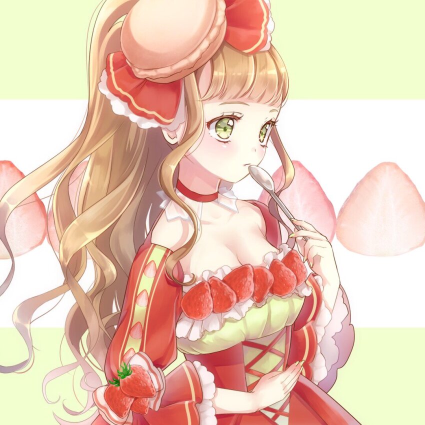 1girl blunt_bangs bow breasts brown_hair choker cleavage closed_mouth commentary_request cross-laced_clothes cross-laced_dress dress food food-themed_hair_ornament fruit green_eyes green_nails hair_bow hair_ornament holding holding_spoon long_hair macaron_hair_ornament medium_breasts original red_bow red_choker red_dress sidelocks three-quarter_sleeves solo spoon strawberry strawberry_slice upper_body wavy_hair yugaa