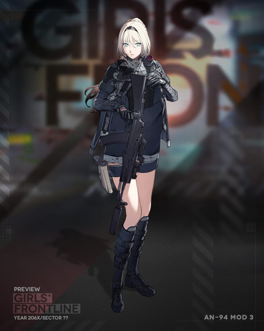 1girl an-94 an-94_(girls&#039;_frontline) an-94_(mod3)_(girls&#039;_frontline) aqua_eyes assault_rifle blonde_hair body_armor boots duoyuanjun girls&#039;_frontline gloves gun hairband handgun highres holding holding_gun holding_weapon holster holstered long_hair looking_at_viewer mod3_(girls&#039;_frontline) mp-443_grach official_art parted_lips ponytail rifle solo standing suppressor tactical_clothes thigh_boots thigh_holster weapon