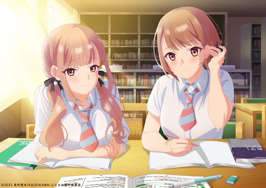 2girls absurdres blush brown_eyes brown_hair highres jinguuji_naori jinguuji_rumi key_visual koi_wa_futago_de_warikirenai long_hair looking_at_viewer mole multiple_girls official_art promotional_art school_uniform shirt short_hair twintails white_shirt