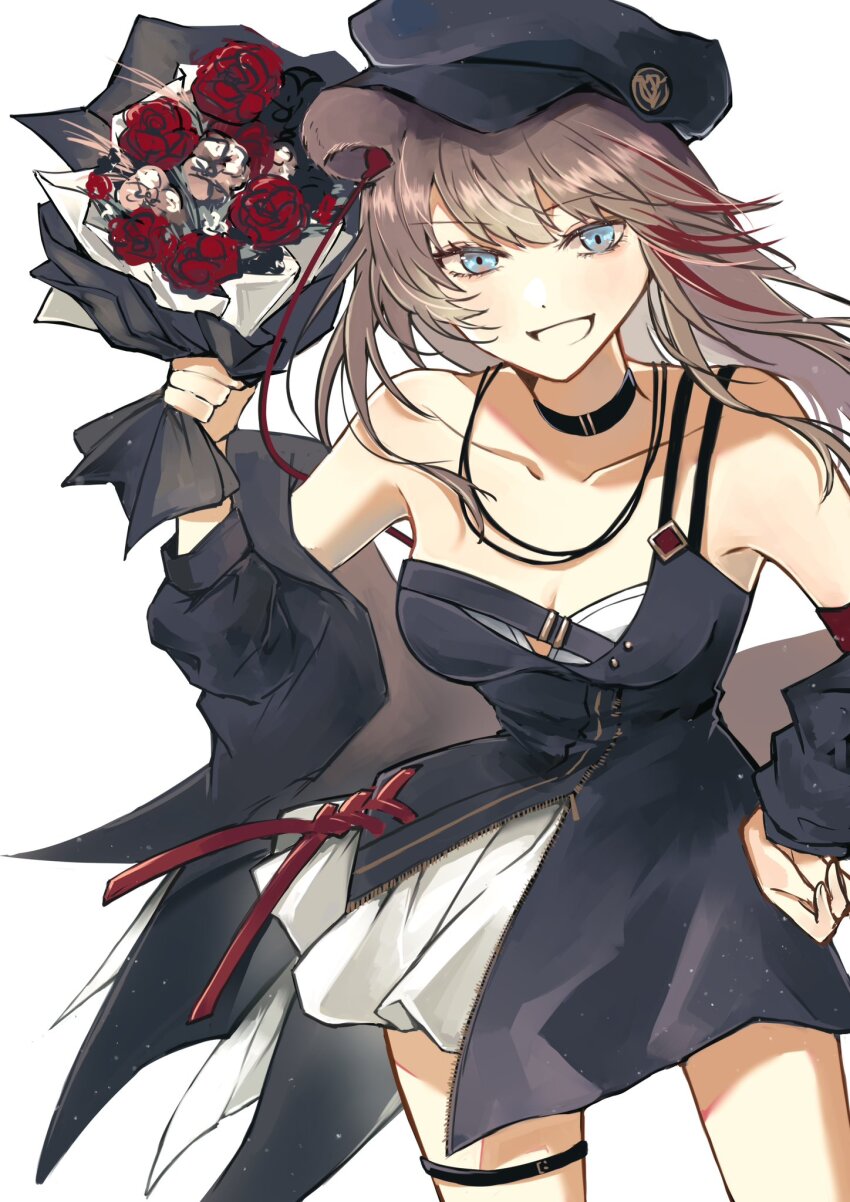 1girl animal_ears arknights bare_shoulders black_choker black_dress black_hat black_jacket blue_eyes bouquet breasts brown_hair choker cleavage collarbone commentary_request cowboy_shot dress flat_cap flower grey_flower grey_rose grin hand_on_own_hip hat highres holding holding_bouquet jacket jiru_(6pp_ab) light_blush light_particles long_hair long_sleeves looking_at_viewer medium_breasts multicolored_hair off_shoulder partial_commentary red_flower red_hair red_rose rose simple_background single_strap smile solo split_mouth standing streaked_hair white_background zima_(arknights)