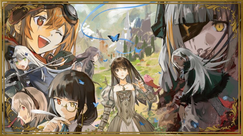 404_(girls&#039;_frontline) 6+girls :d ballroom_gown blue_butterfly brown_eyes brown_hair bug butterfly cloak dark-skinned_female dark_skin elisa_(girls&#039;_frontline) g11_(girls&#039;_frontline) girls&#039;_frontline goggles goggles_on_head grey_hair hat heterochromia highres hk416_(girls&#039;_frontline) holding holding_sword holding_weapon insect jibao looking_at_viewer m16a1_(girls&#039;_frontline) m4_sopmod_ii_(girls&#039;_frontline) m4a1_(girls&#039;_frontline) multiple_girls open_mouth rapier red_eyes ro635_(girls&#039;_frontline) scar scar_across_eye scar_on_face smile sword teeth ump45_(girls&#039;_frontline) ump9_(girls&#039;_frontline) upper_teeth_only weapon witch_hat yellow_eyes