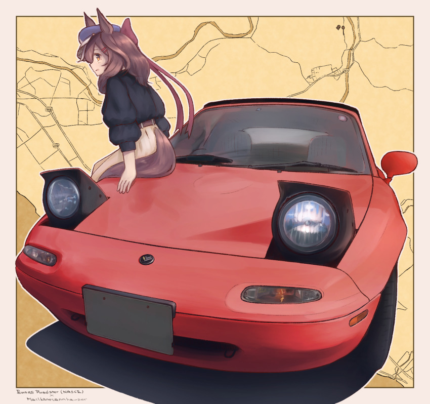 1girl animal_ears balladeluce blue_hat border bow brown_hair cabbie_hat car character_name eunos_roadster hair_bow hair_ornament hairclip hat highres horse_ears horse_girl horse_tail long_hair looking_at_viewer map map_background matikane_tannhauser_(umamusume) mazda mazda_mx-5 mazda_mx-5_na motor_vehicle puffy_sleeves red_bow shadow smile tail umamusume vehicle_focus vehicle_name white_border yellow_eyes