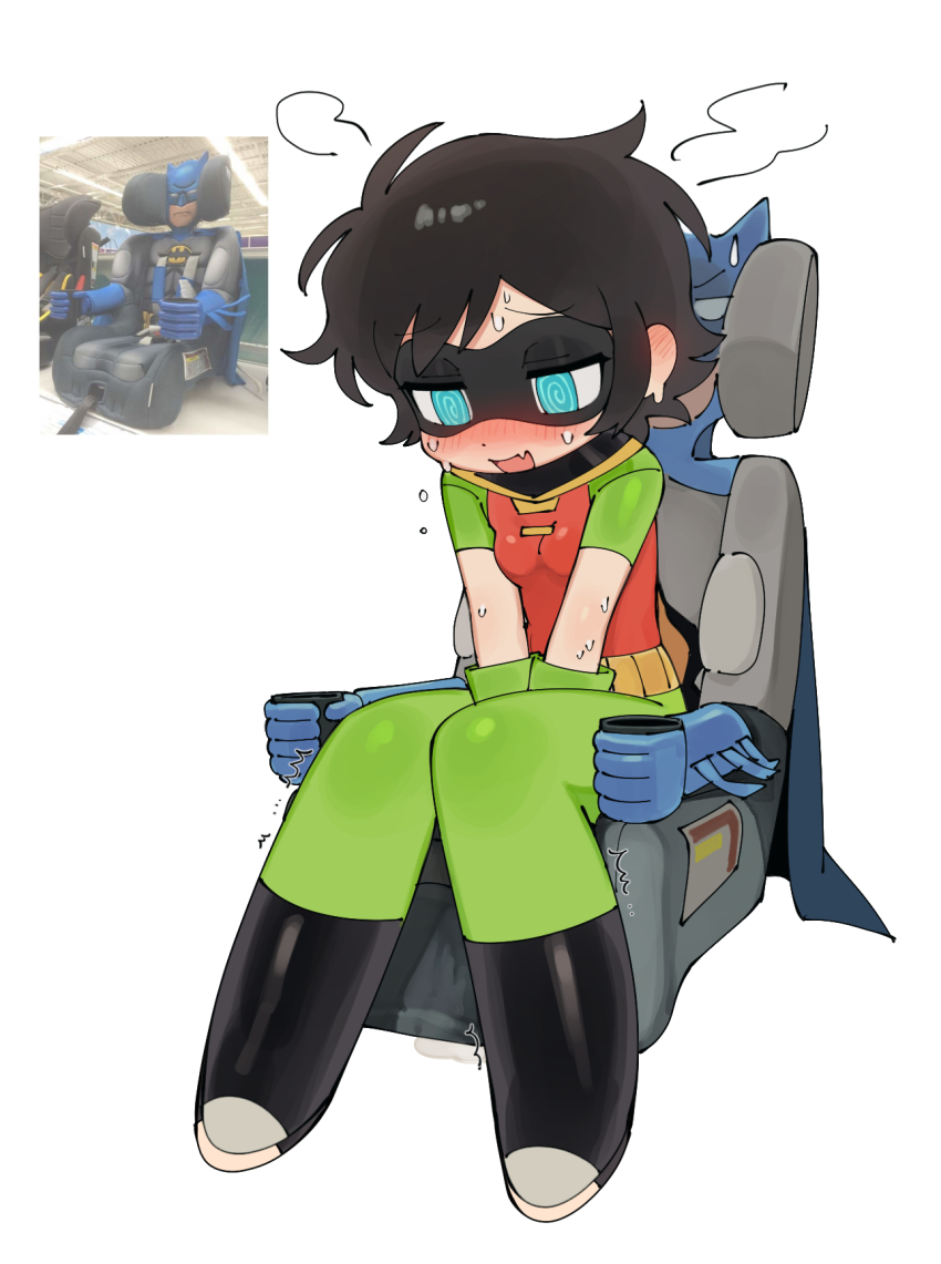 1girl @_@ batman_(series) batrobin_k black_hair blue_eyes blush boots breasts cape car_seat dc_comics domino_mask embarrassed full-face_blush gloves green_gloves highres mask robin_(batrobin_k) robin_(dc) short_hair simple_background small_breasts spandex sweat white_background