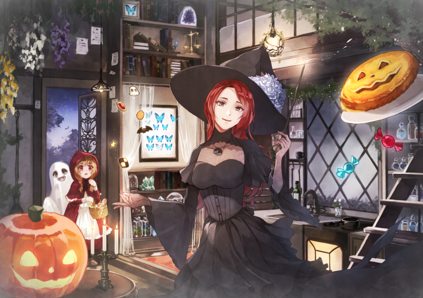 1other 2girls :d :o balance_scale basket black_dress black_eyes black_headwear blue_butterfly book bottle braid broom brown_footwear brown_hair bug butterfly candle candlestand candy checkerboard_cookie cloak cookie cosplay crystal curtains display_case dress elbow_carry feet_out_of_frame flask floating floating_object flower flower_necklace food framed_insect gensouoekakicho geode ghost_costume halloween hanging_flower hanging_light hat hat_flower highres holding holding_basket holding_wand hood hood_up hooded_cloak indoors insect jack-o&#039;-lantern jar jewelry little_red_riding_hood_(fairy_tale) little_red_riding_hood_(fairy_tale_character)_(cosplay) little_red_riding_hood_(fairy_tale_character) long_hair long_sleeves magic multiple_girls necklace night open_door open_mouth original parted_bangs pie plate red_cloak red_dress red_eyes red_hair rose see-through_curtains shelf sink skull sky smile stairs star_(sky) starry_sky stove test_tube test_tube_rack twin_braids wand weighing_scale white_dress white_flower white_rose wide_sleeves window witch witch_hat wrapped_candy