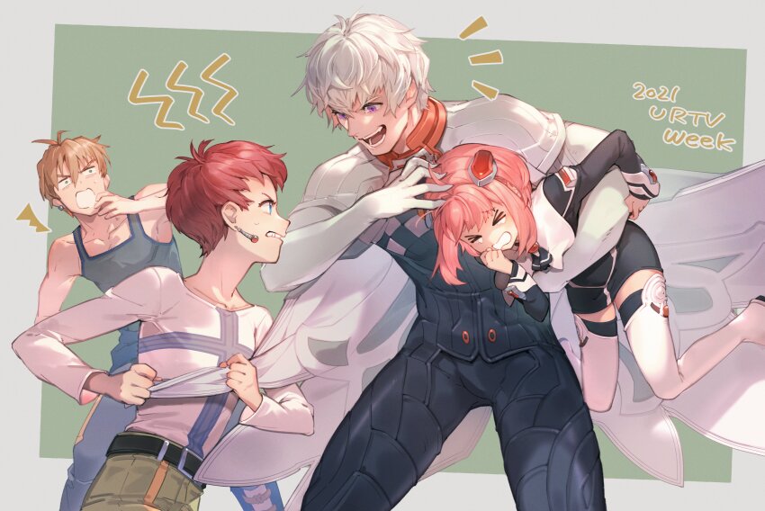 1girl 3boys absurdres ahoge albedo_piazzolla allen_ridgeley black_dress bomssp cape dress hair_ornament highres jr. momo_mizrahi multiple_boys open_mouth pink_hair short_dress short_hair silver_trim simple_background skirt smile thighhighs xenosaga