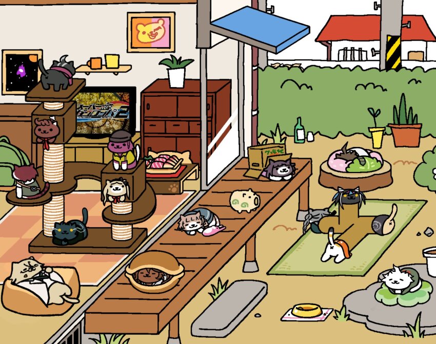 ahoge among_us animal animalization bag black_hair black_hat black_jacket blue_hair bottle braid brown_hair bush cat character_print crewmate_(among_us) danganronpa_(series) danganronpa_2:_goodbye_despair everyone formal_clothes glasses grass green_jacket hair_ornament hanamura_teruteru hat highres hinata_hajime jacket kmnm_1403 koizumi_mahiru komaeda_nagito kuzuryu_fuyuhiko mioda_ibuki monomi_(danganronpa) multicolored_hair nanami_chiaki nidai_nekomaru no_humans pekoyama_peko pink_hair saionji_hiyoko scarf shelf shirokuma_(danganronpa) sleeping smile soda_kazuichi sonia_nevermind tanaka_gundham togami_byakuya_(danganronpa_2) tsumiki_mikan twin_braids twintails white_hair white_jacket x_anus yellow_eyes