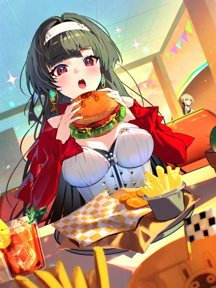 2girls absurdres astra_yao azna black_hair breasts burger commentary_request dress drink earrings evelyn_chevalier food french_fries hairband highres holding holding_burger holding_food imminent_bite jacket jewelry long_hair multiple_girls open_mouth red_eyes red_jacket solo_focus white_dress white_hairband white_sleeves zenless_zone_zero