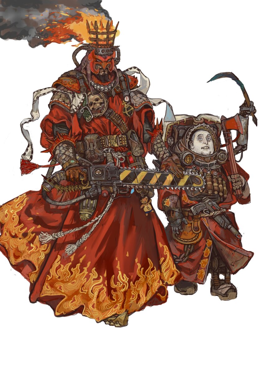 2boys absurdres axe beard blue_eyes brazier brown_gloves chainsaw cyborg facial_hair fire flame_print gloves helmet highres holding holding_axe holding_chainsaw male_focus mask mossacannibalis multiple_boys mustache prosthesis prosthetic_leg red_robe robe smoke warhammer_40k