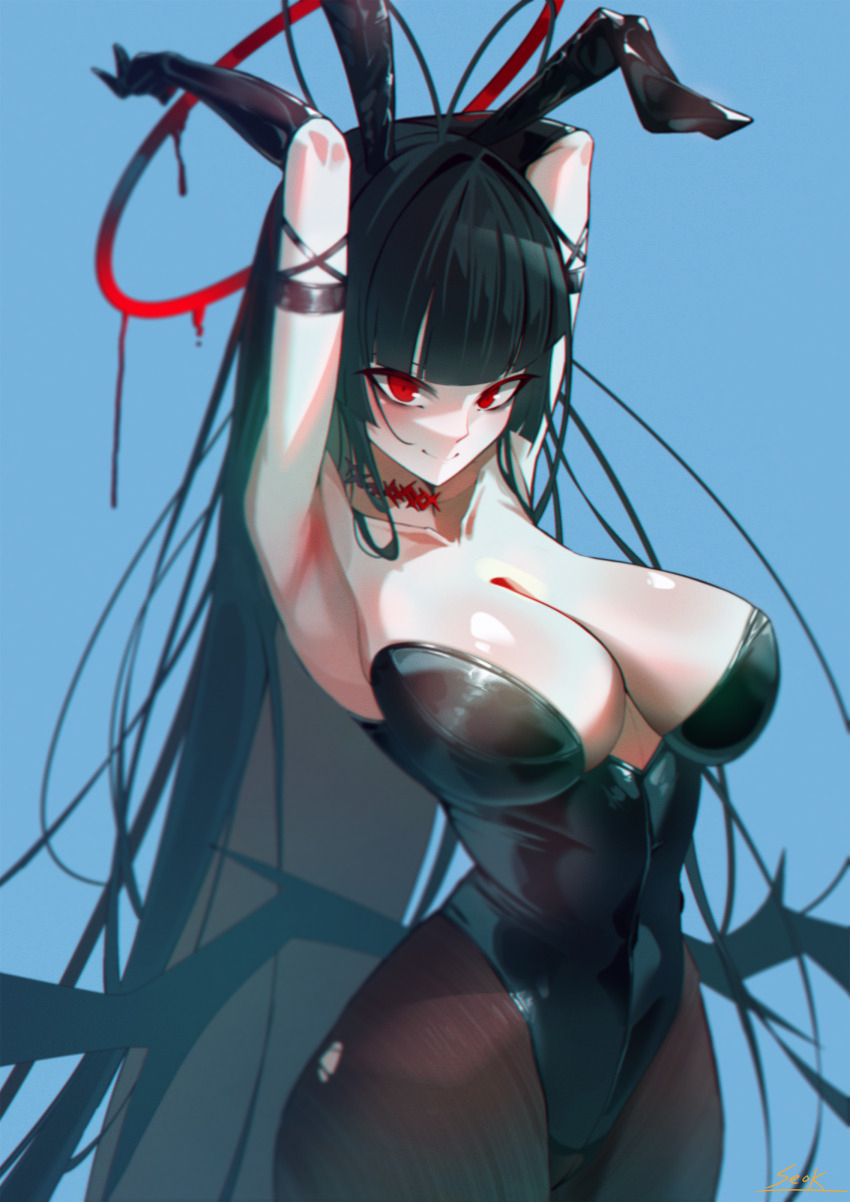1girl absurdres animal_ears arms_up black_gloves black_hair black_leotard black_pantyhose black_wings blue_archive blue_background breasts choker closed_mouth fake_animal_ears gloves highleg highleg_leotard highres large_breasts latex latex_gloves leotard looking_at_viewer low_wings pantyhose playboy_bunny red_choker red_eyes seeeok smile solo strapless strapless_leotard tsurugi_(blue_archive) wings