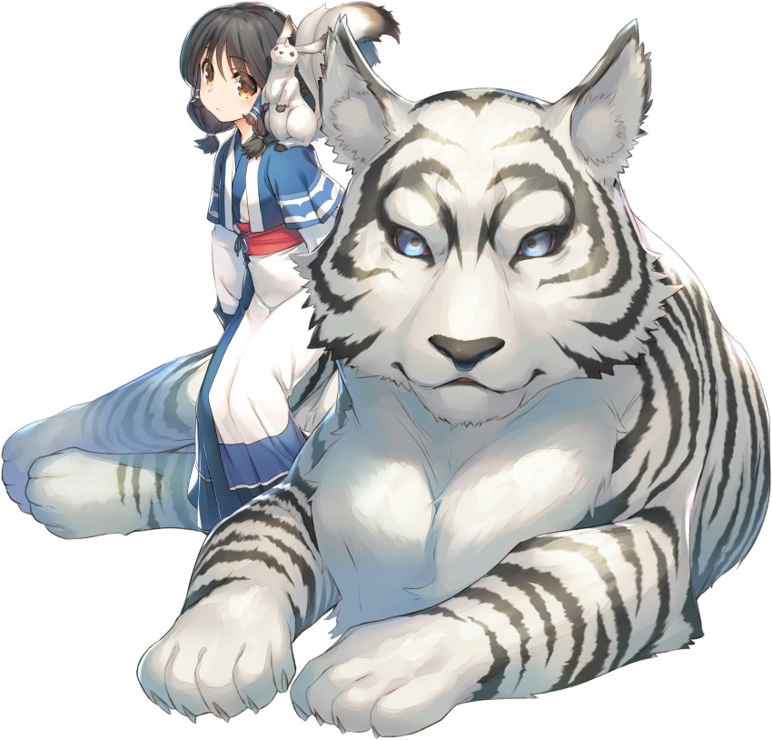 1girl ainu_clothes amazuyu_tatsuki animal animal_ear_fluff animal_ears animal_on_shoulder aquaplus aruruu black_hair blue_eyes breasts claws closed_mouth colored_sclera eyes_visible_through_hair fur gachatara highres leaning_on_animal looking_at_viewer looking_up medium_hair mukkuru official_art open_mouth orange_eyes raised_eyebrows red_eyes red_sclera sitting_on_animal small_breasts tail tiger transparent_background utawarerumono utawarerumono:_lost_flag white_fur white_tiger