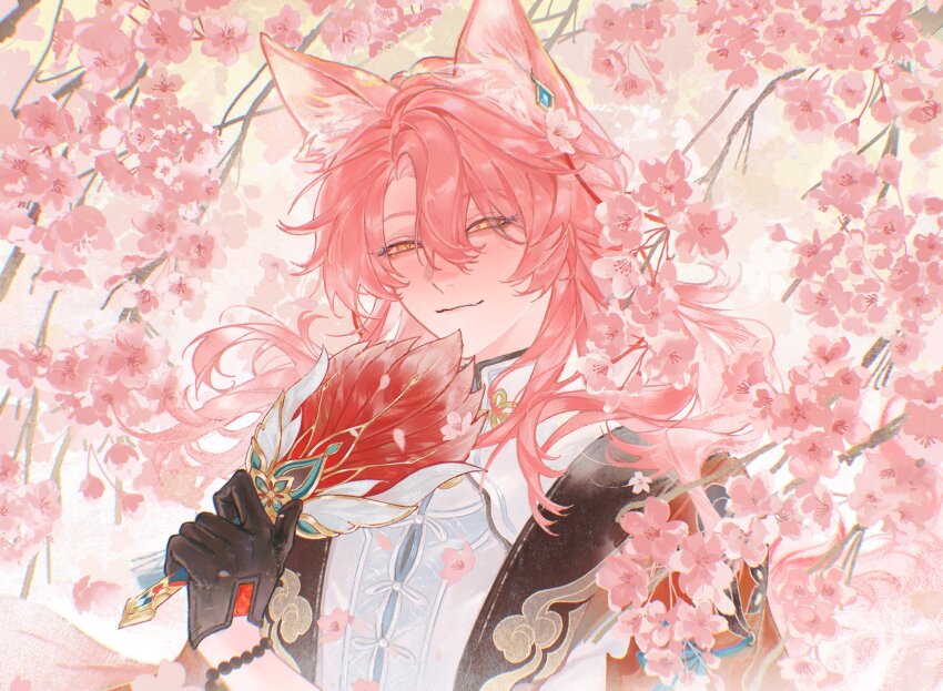 1boy animal_ear_fluff animal_ears bead_bracelet beads black_gloves blush bracelet branch chinese_clothes closed_mouth cloud_print crystal_earrings earrings feather_fan floating_hair flower fox_boy fox_ears gloves hair_between_eyes hand_fan hand_up highres holding holding_fan honkai:_star_rail honkai_(series) jewelry jiaoqiu_(honkai:_star_rail) kikiu001 long_hair looking_at_viewer male_focus mandarin_collar open_clothes orange_eyes petals pink_flower pink_hair red_shrug shirt shrug_(clothing) single_earring smile solo tangzhuang upper_body white_shirt