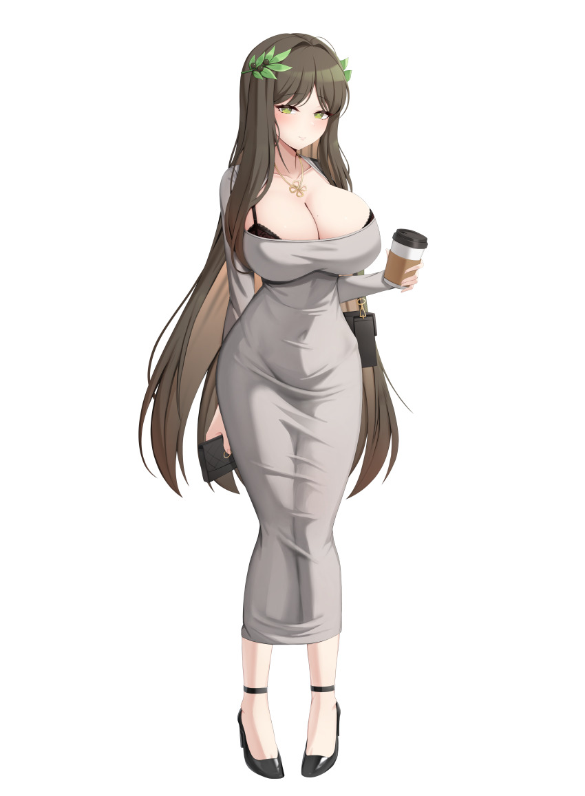1girl absurdres bag black_bra black_shoes black_survival bra breasts brown_hair cleavage closed_mouth commentary_request covered_navel cup disposable_cup dongtan_dress dress eternal_return:_black_survival full_body green_eyes grey_dress gweon_sua hair_branch handbag high_heels highres holding holding_cup impossible_clothes impossible_dress kisa_(leg3043) korean_commentary large_breasts long_dress long_hair looking_at_viewer meme_attire revision shoes shoulder_bag simple_background smile solo standing symbol-shaped_pupils taut_clothes taut_dress underwear very_long_hair white_background