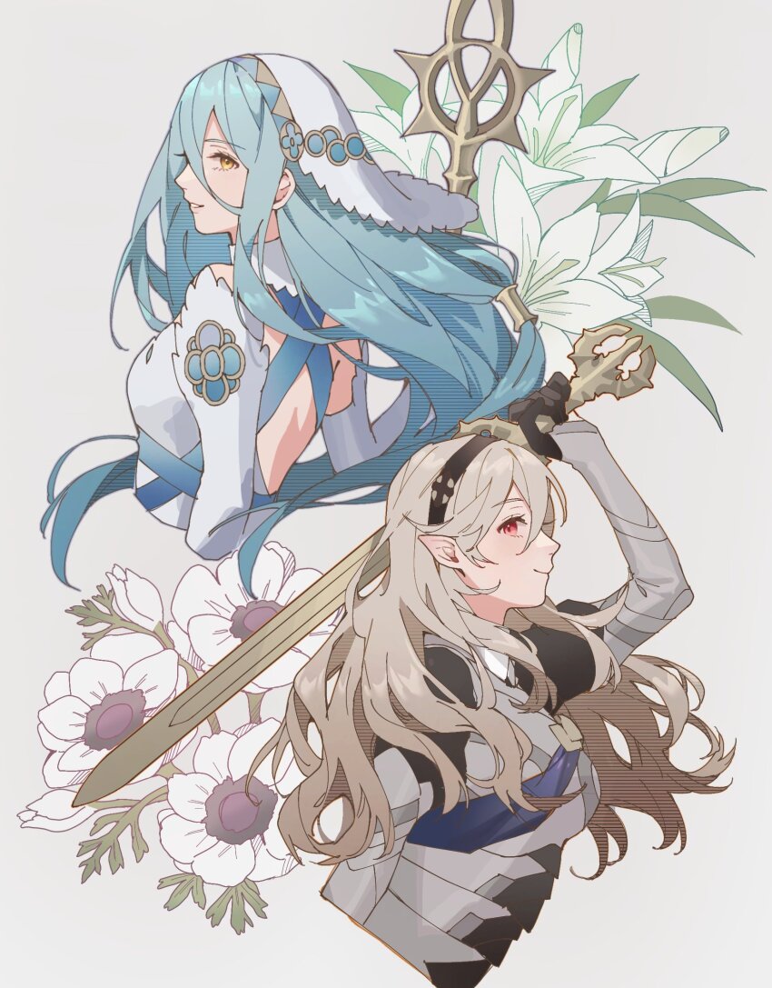 2girls ai_tkkm armor azura_(fire_emblem) blue_hair breasts dress elbow_gloves female_corrin_(fire_emblem) fingerless_gloves fire_emblem fire_emblem_fates flower gloves hair_between_eyes hairband highres holding holding_sword holding_weapon long_hair looking_at_viewer medium_breasts multiple_girls nintendo pointy_ears red_eyes smile sword veil very_long_hair weapon white_hair yato_(fire_emblem) yellow_eyes