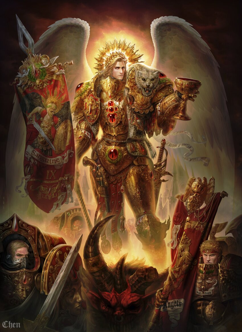 4boys absurdres adeptus_astartes angel_wings armor banner blood_angels bolter chalice chenart12 closed_mouth commentary cup dreadnought_(warhammer_40k) english_commentary full_armor full_body glowing grey_eyes gun handgun highres holding long_hair looking_at_viewer male_focus multiple_boys primarch sanguinius sheath sheathed short_hair standing sword terminator_armor warhammer_40k weapon wings