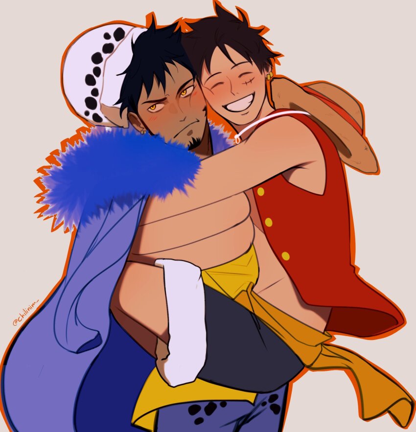 2boys ^_^ black_hair blue_cape blue_fur blue_pants blue_shorts blush cape cheek-to-cheek chilinim closed_eyes closed_mouth commentary dark-skinned_male dark_skin devil_fruit_power english_commentary facial_hair fur-trimmed_cape fur_trim goatee grey_background grin hat heads_together highres hug looking_to_the_side male_focus monkey_d._luffy multiple_boys one_piece pants red_vest sash scar scar_on_face shirt short_hair shorts sideburns sideways_glance simple_background smile straw_hat teeth trafalgar_law twitter_username unworn_hat unworn_headwear vest white_hat yellow_eyes yellow_sash yellow_shirt
