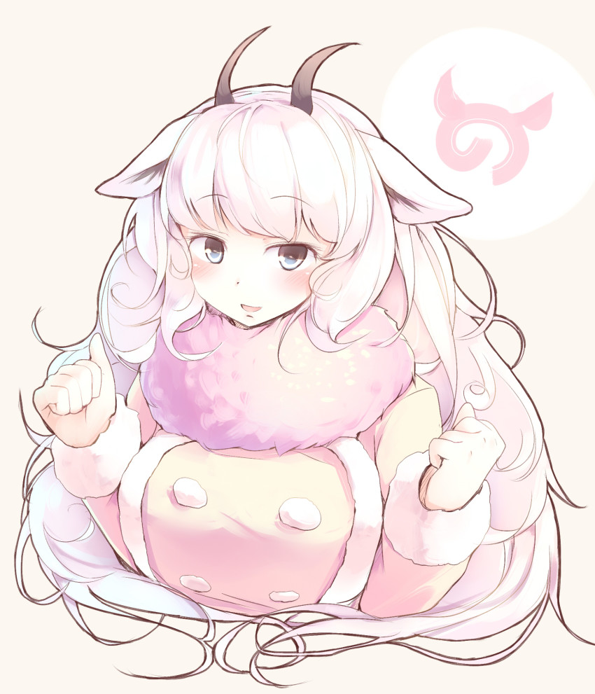 10s 1girl :d animal_ears blue_eyes blush clenched_hands cropped_torso female_focus fur-trimmed_sleeves fur_collar fur_trim hands_up highres horns japari_symbol kanzakietc kemono_friends long_hair looking_at_viewer open_mouth sheep_ears simple_background smile snow_sheep_(kemono_friends) solo upper_body white_hair