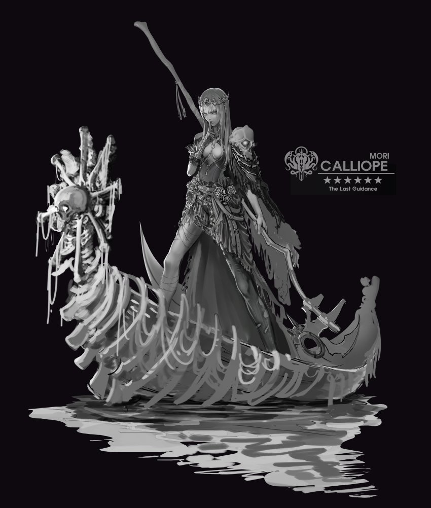 1girl absurdres alternate_costume bandaged_leg bandages belt belt_buckle black_background bone breasts buckle canoe center_opening chain cleavage crown dress finger_to_mouth flower greyscale harness highres hime_cut holding holding_scythe hololive hololive_english large_breasts lipstick long_hair makeup monochrome mori_calliope myo-zin pale_skin rose scythe shoulder_pads sidelocks single_leg_pantyhose skull solo torn_clothes torn_dress torn_legwear virtual_youtuber weapon zipper
