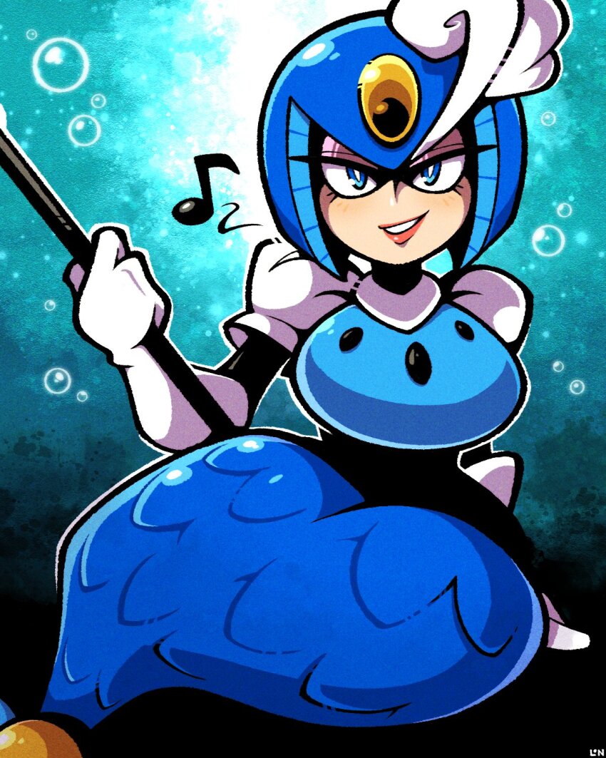 1girl breasts bubble highres huge_breasts legendofnerd looking_at_viewer mega_man_(classic) mega_man_(series) mega_man_9 mermaid monster_girl musical_note robot_girl smile solo splash_woman underwater water