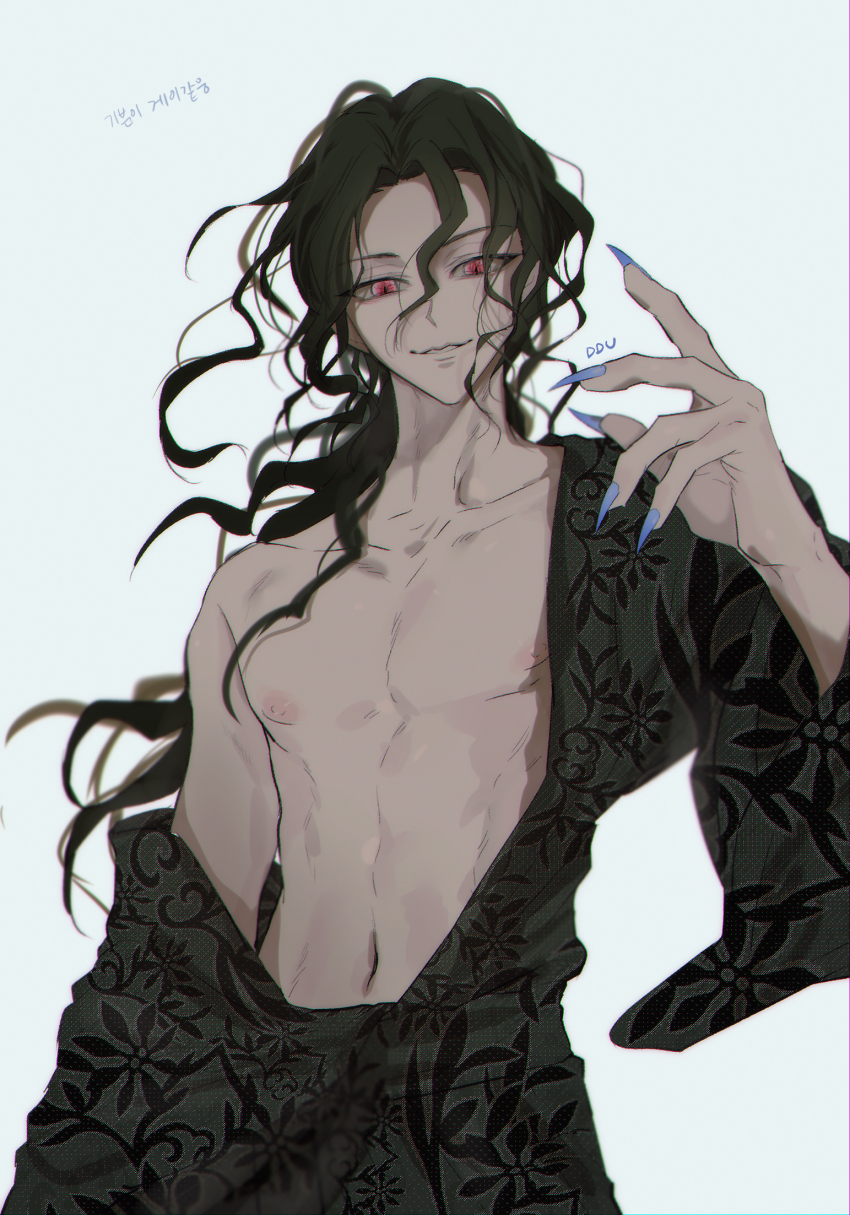 1boy black_hair black_robe blue_nails commentary_request ddu_45 evil_smile fingernails highres kibutsuji_muzan kimetsu_no_yaiba korean_commentary korean_text male_focus navel off_shoulder pink_eyes robe sharp_fingernails signature smile solo translation_request upper_body