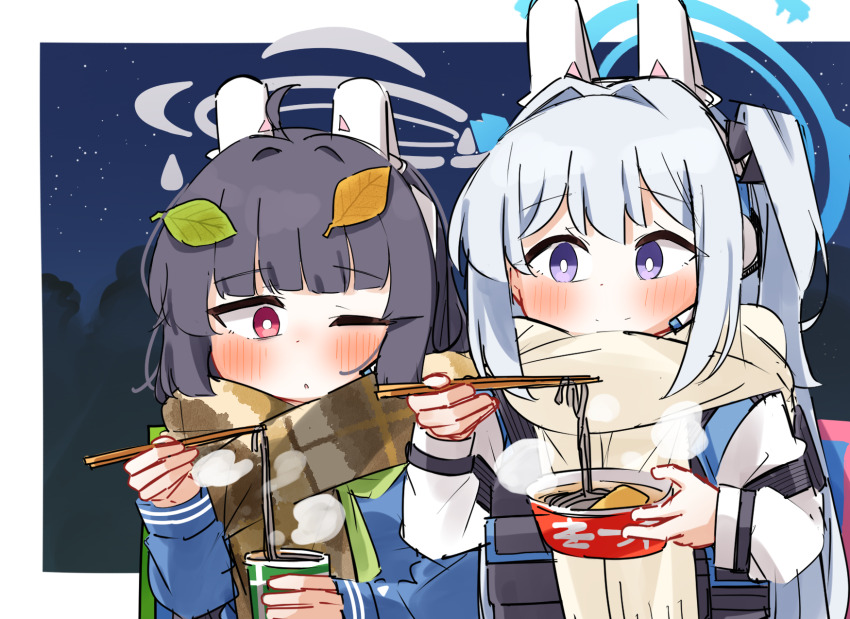 2girls ;o ahoge black_bow black_hair blue_archive blue_shirt blush bow brown_scarf chopsticks closed_mouth comiket_103 commentary_request cup cup_ramen dash_b disposable_cup food green_neckerchief grey_hair hair_bow hair_intakes halo headgear headset highres holding holding_chopsticks holding_cup instant_udon leaf leaf_on_head long_hair long_sleeves miyako_(blue_archive) miyu_(blue_archive) multiple_girls neckerchief night night_sky noodles one_eye_closed one_side_up parted_lips puffy_long_sleeves puffy_sleeves purple_eyes red_eyes scarf shirt sketch sky smile star_(sky) starry_sky steam upper_body very_long_hair