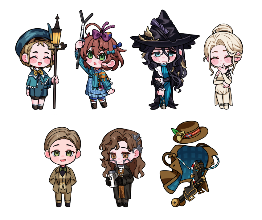 1boy 5girls :d :o antenna_hair arm_up arthur_fog black_cape black_coat black_gloves black_hair black_hat black_pantyhose black_shirt blonde_hair blue_cloak blue_dress blue_eyes blue_hat blue_pants bow braces brimley_(reverse:1999) brown_coat brown_hair brown_hat brown_jacket brown_pants brown_suit cape caroline_bartley chibi cloak coat dress fedora flutterpage formal_clothes gloves green_eyes haihaiera hair_bow hair_bun hat highres hobby_horse holding holding_jar holding_lamp holding_rod jacket jar lamplighter_(reverse:1999) leotard looking_at_object looking_up multiple_girls multiple_hair_bows open_mouth pants pants_under_dress pantyhose red_dress reins reverse:1999 rod saddle shirt short_hair smile standing suit sweat tooth_fairy_(reverse:1999) unworn_coat unworn_hat unworn_headwear wheel white_background white_leotard white_pantyhose willow_(reverse:1999) witch_hat
