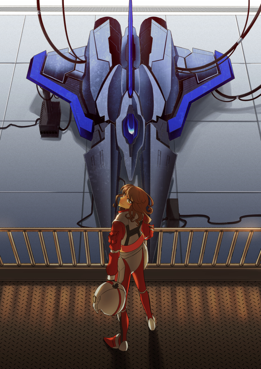 1girl absurdres blush bodysuit brown_eyes brown_hair cable canopy_(aircraft) from_above gradius unworn_headwear helmet unworn_helmet highres holding holding_helmet long_hair looking_back looking_up pilot_suit red_bodysuit salamander_(game) science_fiction smile spacecraft starfighter stg_stg v-shaped_eyebrows vehicle_focus vic_viper