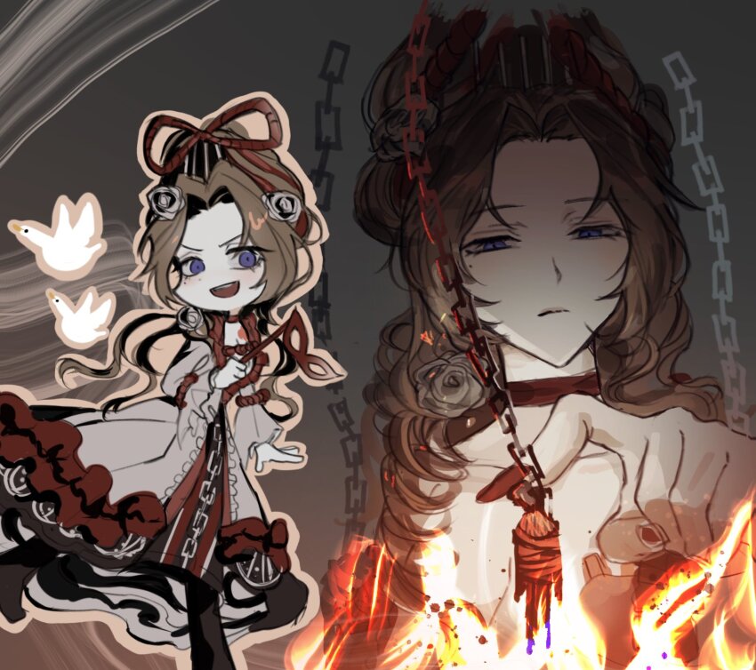 1girl :d bird blue_eyes bow breasts brown_hair chain chanil_(muexlku) choker cleavage commentary_request dress e.g.o_(project_moon) expressionless fire flower hair_bow hair_flower hair_ornament highres holding holding_mask indicant&#039;s_trial_(e.g.o) korean_commentary limbus_company long_sleeves mask open_mouth project_moon red_bow red_choker red_nails rodion_(project_moon) smile