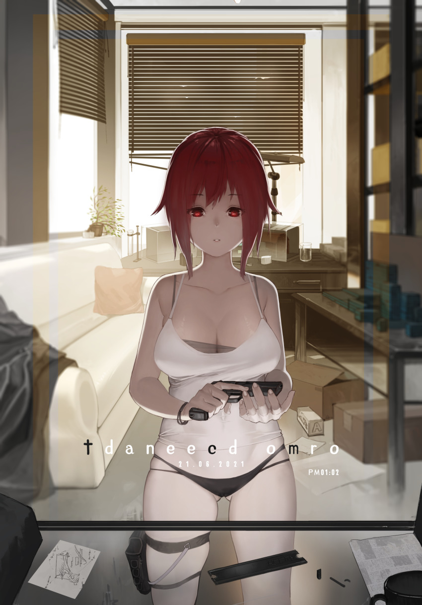 1girl absurdres ass breasts cleavage couch danzir dated desk gun highres holding holding_weapon indoors large_breasts looking_down original panties red_eyes red_hair short_hair solo standing thigh_strap thighs underwear weapon