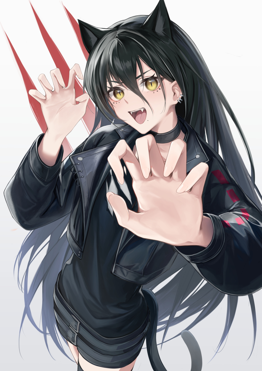 1girl absurdres animal_ears arknights belt black_belt black_choker black_hair black_jacket black_shirt black_shorts black_thighhighs breasts cat_ears cat_girl choker dagda_(arknights) ear_piercing fangs feet_out_of_frame highres jacket light_blush long_hair long_sleeves looking_at_viewer mole mole_under_eye mole_under_mouth multiple_belts multiple_moles open_clothes open_jacket open_mouth paw_pose piercing r_oot shirt shorts simple_background small_breasts smile solo standing teeth thighhighs upper_teeth_only white_background yellow_eyes